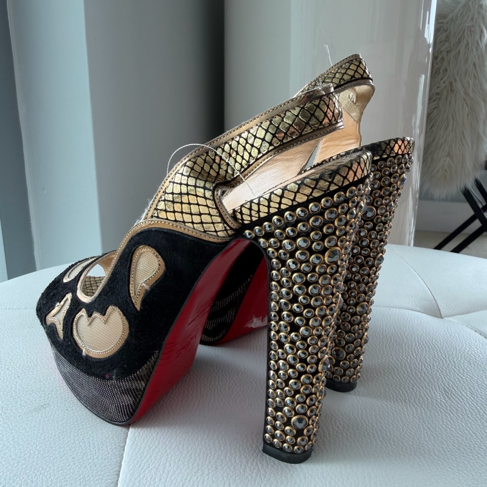 Christian Louboutin Miralep 140 Black STRASS Platform Heels with Cutouts 37.5